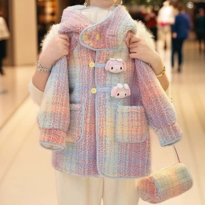 福利款加绒冬季新款儿童韩版洋气休闲连帽加厚彩色毛呢美乐蒂外套