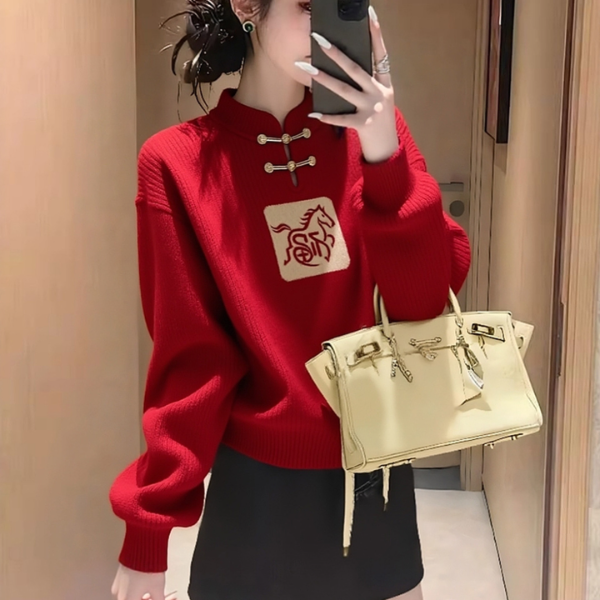 新中式国风盘扣白马红色针织毛衣女款2025新款冬季本命年马年衣服