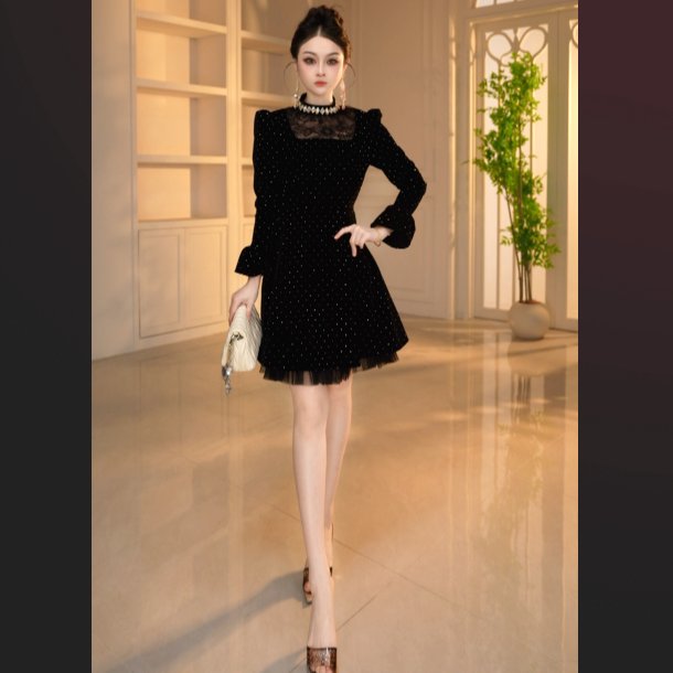 时尚喇叭袖A字裙连衣裙长袖显瘦法式收腰小个子轻奢45067