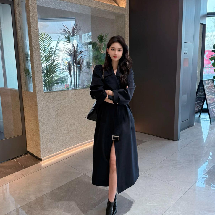 2025秋季新款复古气质时尚翻领系带小个子风衣中长款外套女