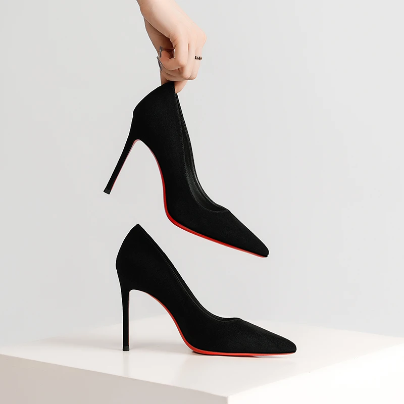 2025新款红底绒面黑色浅口高跟鞋女细跟百搭细跟气质尖头细跟单鞋
