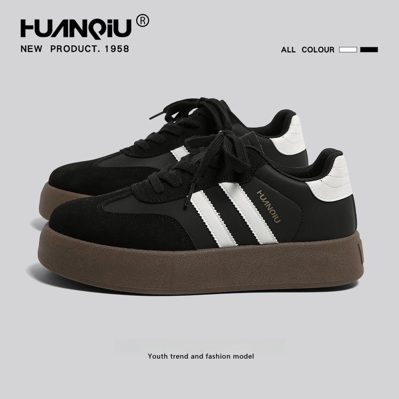 环球厚底黑色德训鞋男款2025潮鞋新款百搭休闲小黑鞋子男休闲板鞋