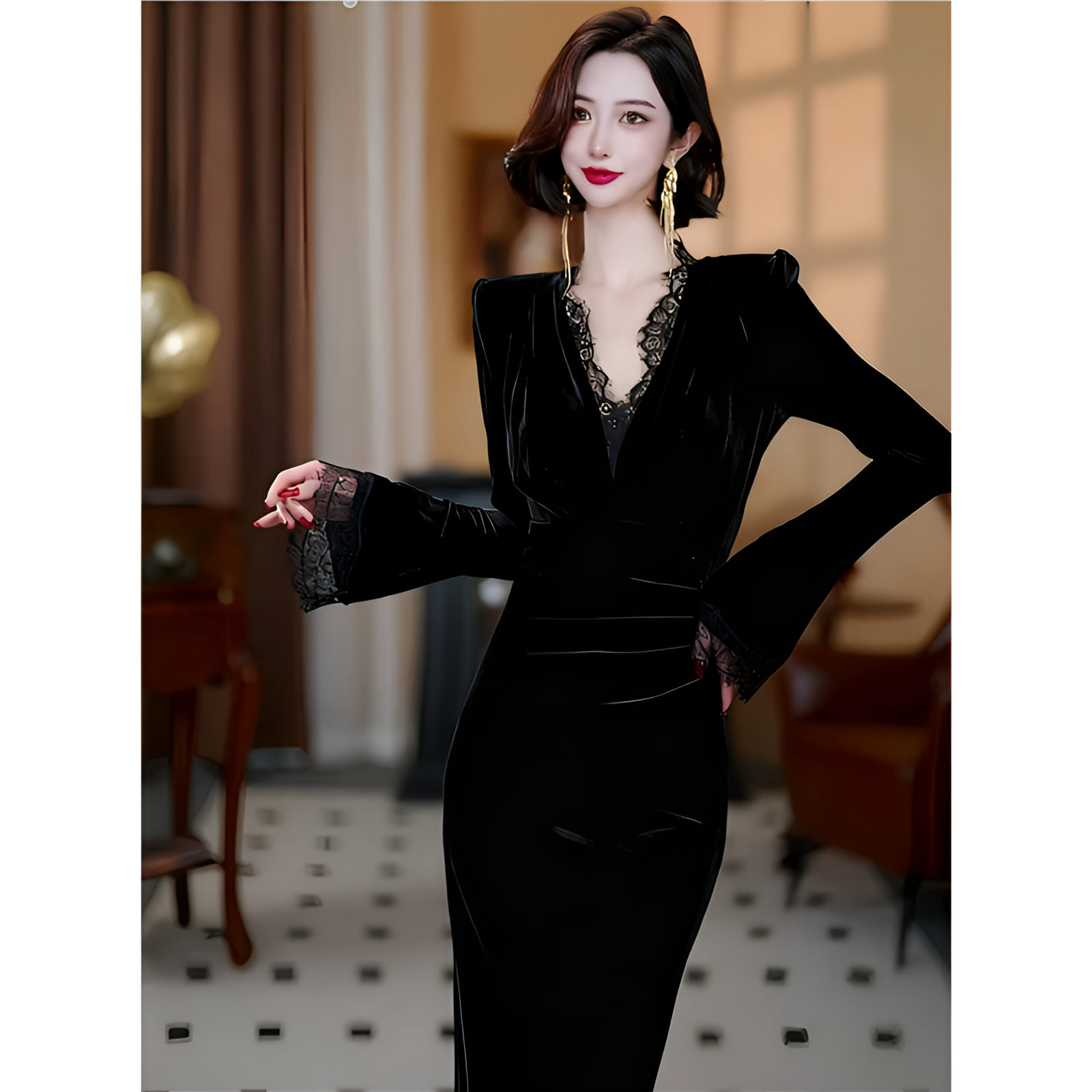 长裙秋冬款法式高级感出席重要场合气质裙子收腰黑色丝绒连衣裙女