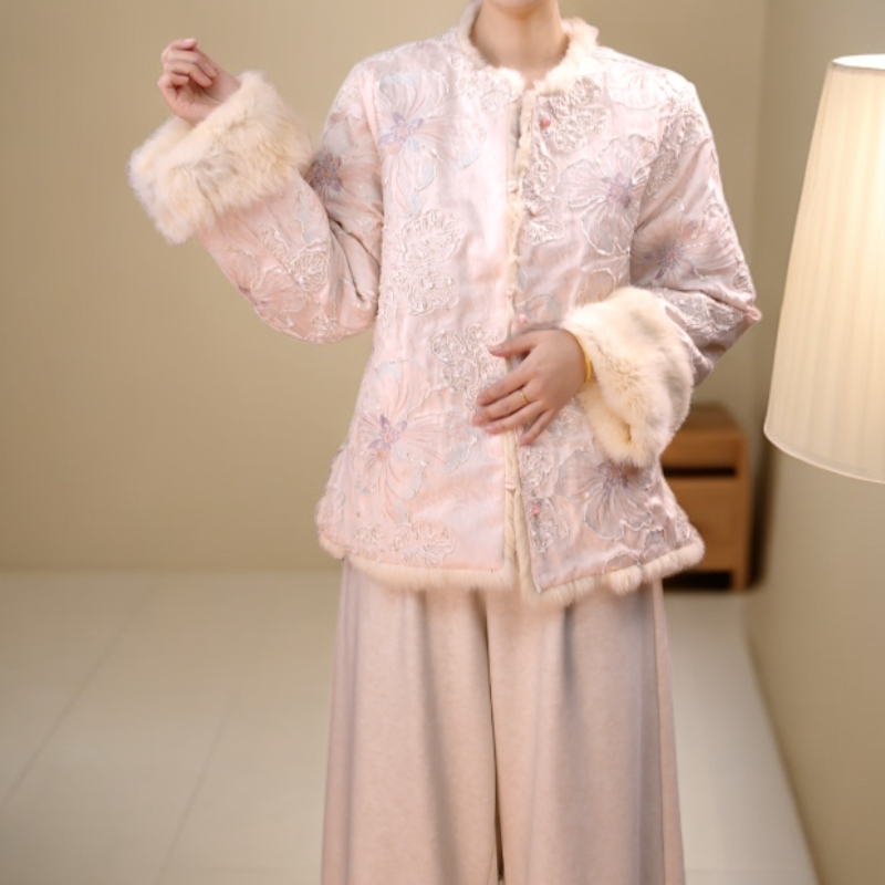 【微羽】7871新款冬季新中式刺绣提花兔毛上衣外套百搭双面双穿上衣