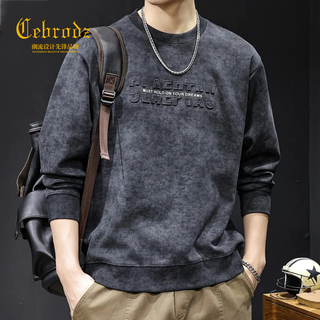 法国Cebrodz美式重磅水洗复古圆领卫衣男秋季新款潮牌钢印压花