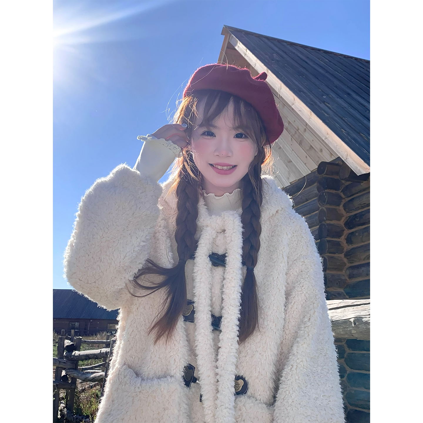 sinsingirl 冬季新款连帽保暖羊羔毛外套拼红格子半身裙 套装