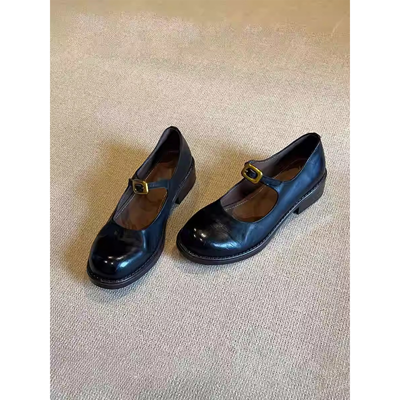 羊皮版~复古英伦风圆头小皮鞋一字带玛丽珍鞋女软皮粗跟浅口单鞋