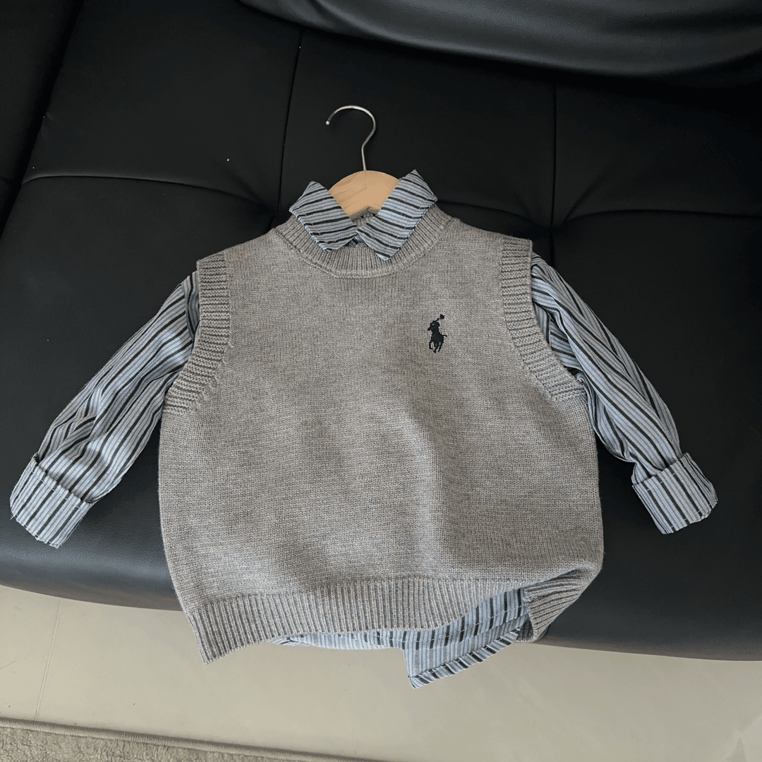 男童2025秋新款套装儿童韩版时尚宽松条纹衬衫毛衣马甲两件套848