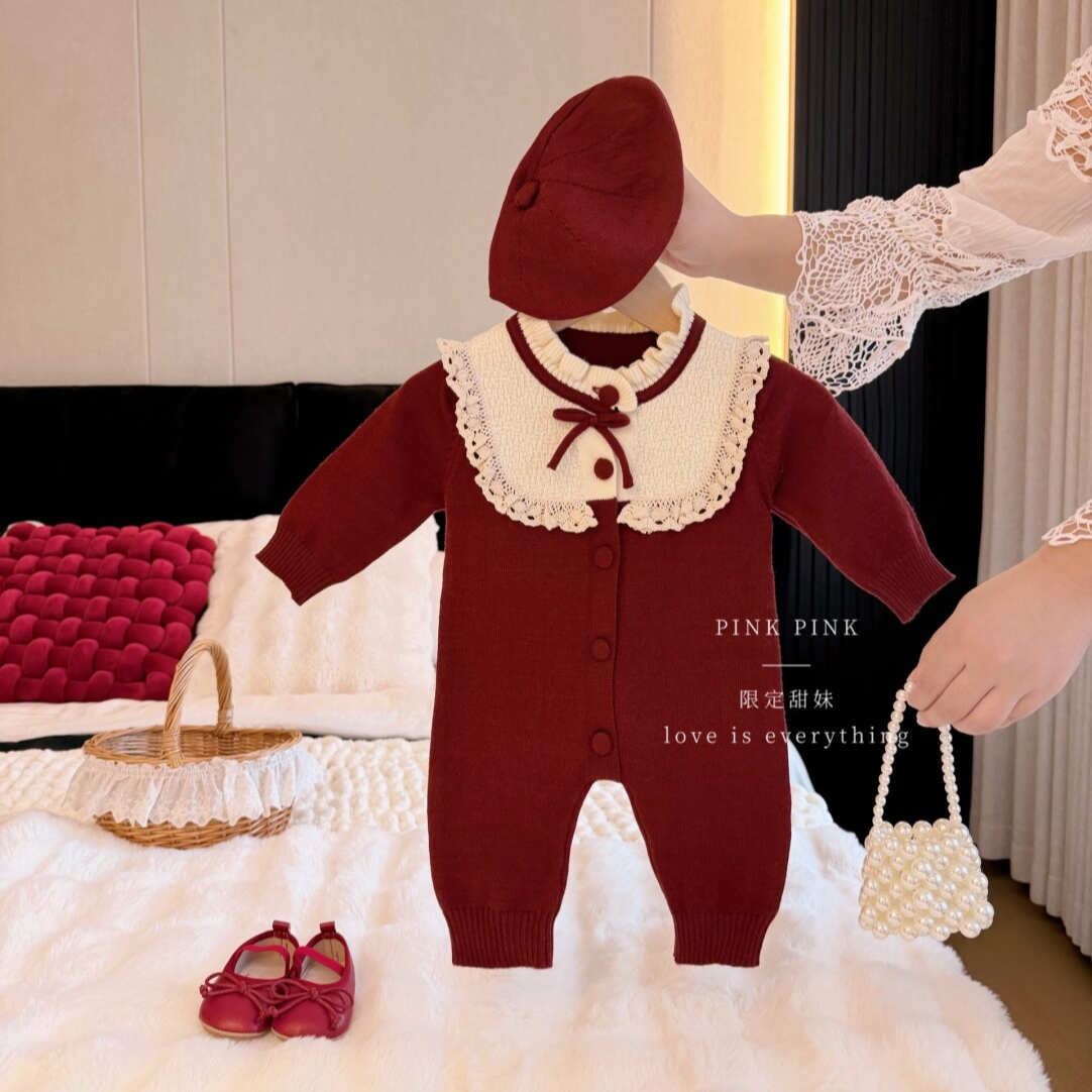 红色针织婴儿连体衣冬季千金小香风公主外出服洋气新年拜年服爬服