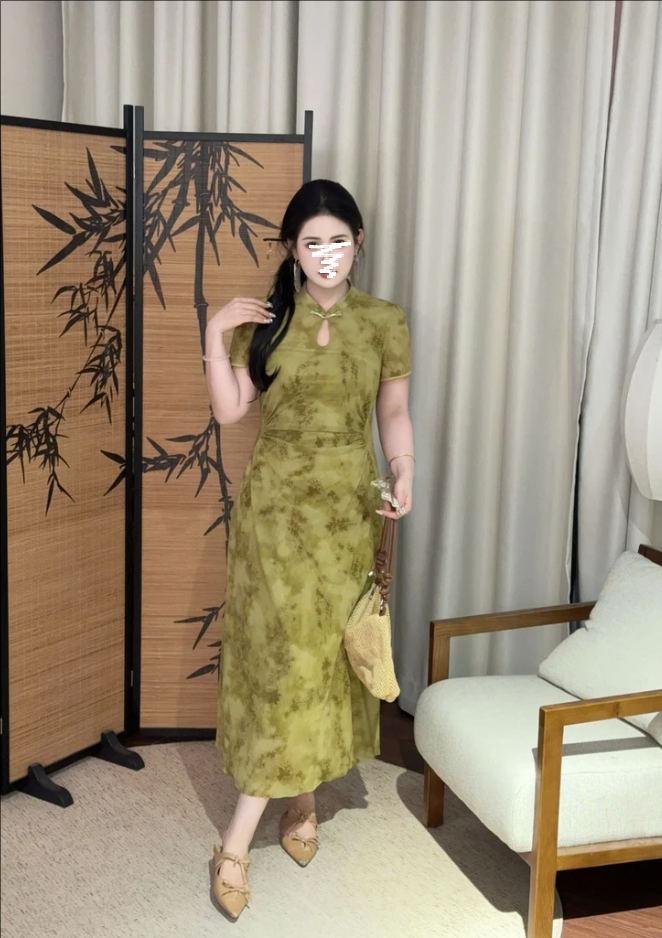 【嘎嘎】大码胖mm夏季新款收腰新中式气质短袖连衣裙3304#