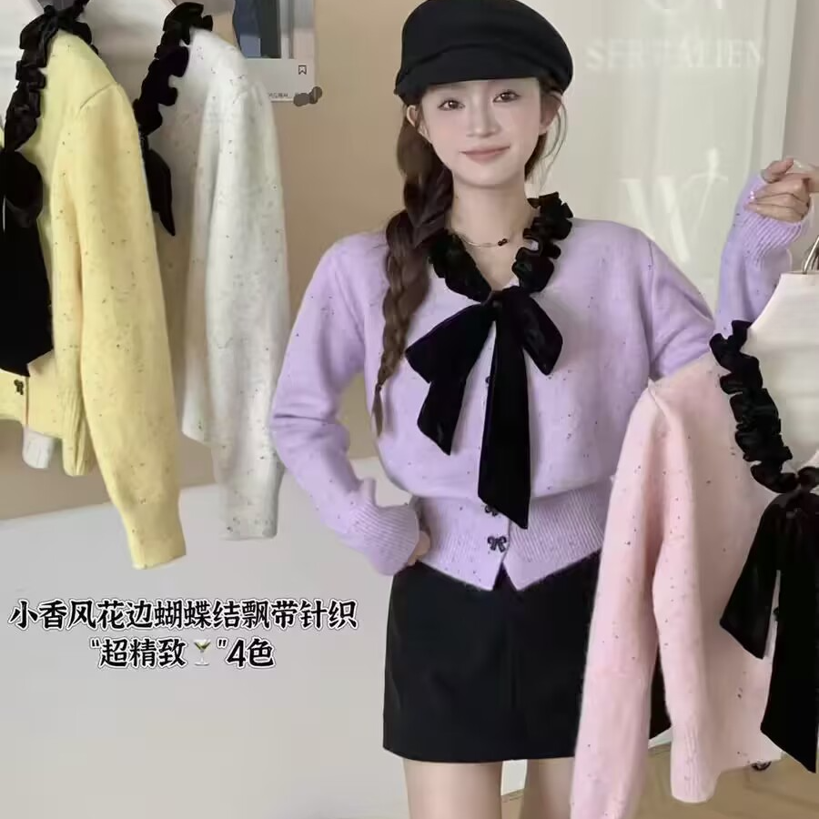 法式香风蝴蝶结毛衣针织开衫女春季新款小众设计感打底衫上衣外套