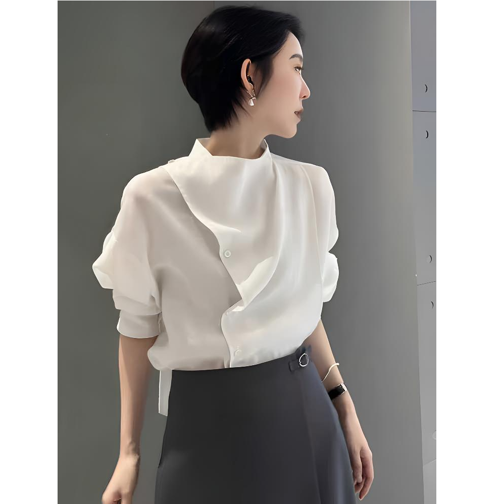 法式不规则立领长袖白色衬衫女2025新款秋季宽松休闲气质女士上衣