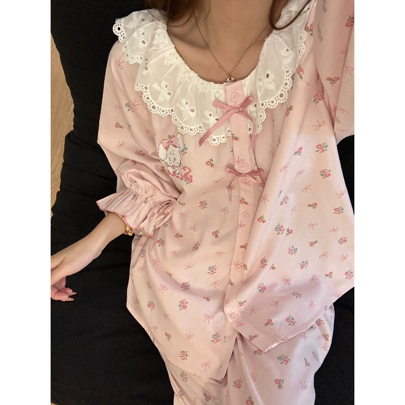 小清新甜美花边娃娃领睡衣女春夏2025新款碎花长裤家居服套装大码