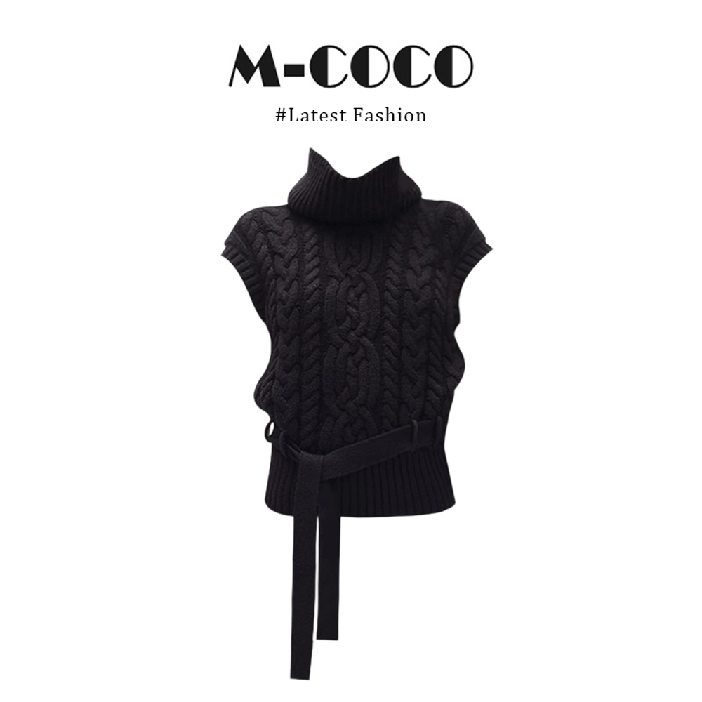 parkyeon韩系编织立体麻花高领针织衫小飞袖腰带绞花毛衣背心