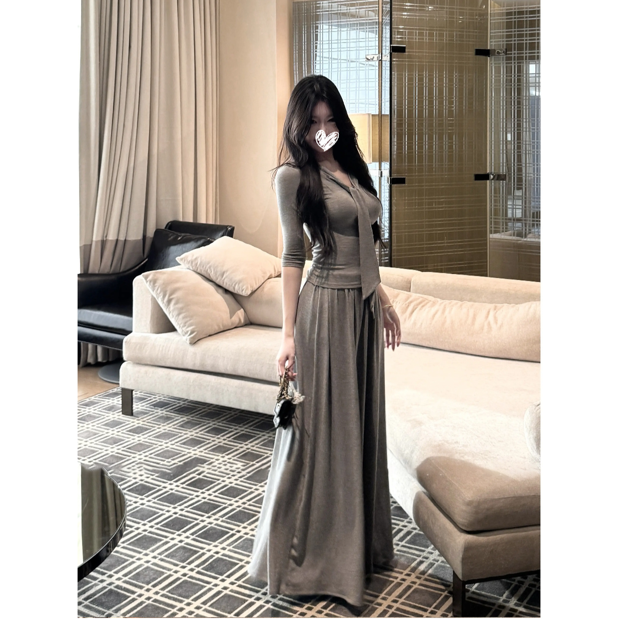 优秀的金蘑菇 韩女日常/气质慵懒松弛感上衣+显瘦姐系舒适半身裙