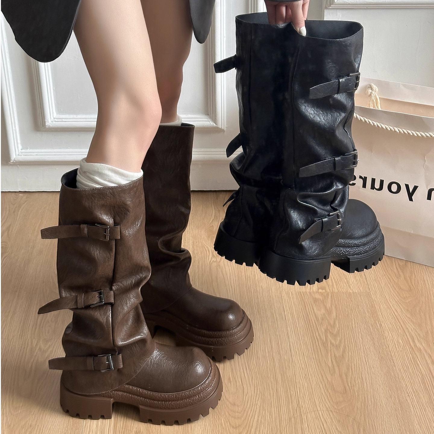 长筒靴女靴2025新款秋冬英伦风厚底显瘦修饰腿型靴子褶皱裤管靴女