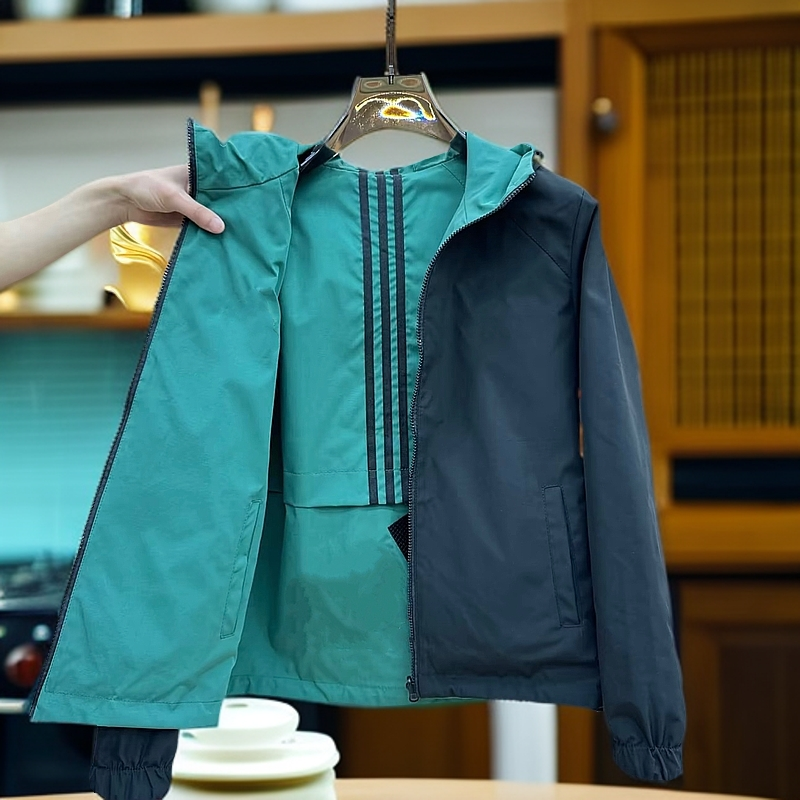 9864（双面穿）春季新款时尚百搭刺绣连帽休闲双面穿夹克外套