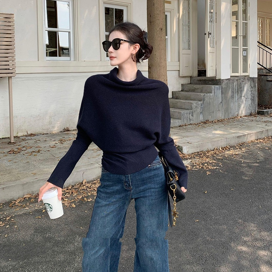 高级感堆堆领收腰毛衣女秋冬韩系慵懒风蝙蝠袖针织衫显瘦内搭上衣