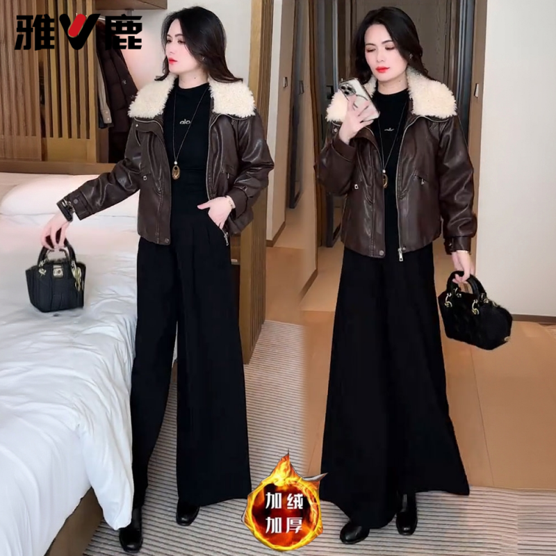 雅鹿加绒加厚皮衣外套女2025冬新款显瘦短款翻领PU皮外套