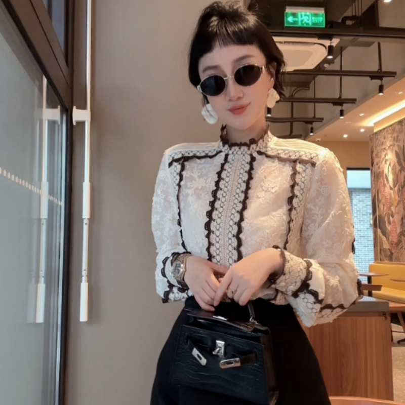 XIAOBAI气质名媛ins蕾丝磨毛蕾丝小香风打底衫衬衫小香风