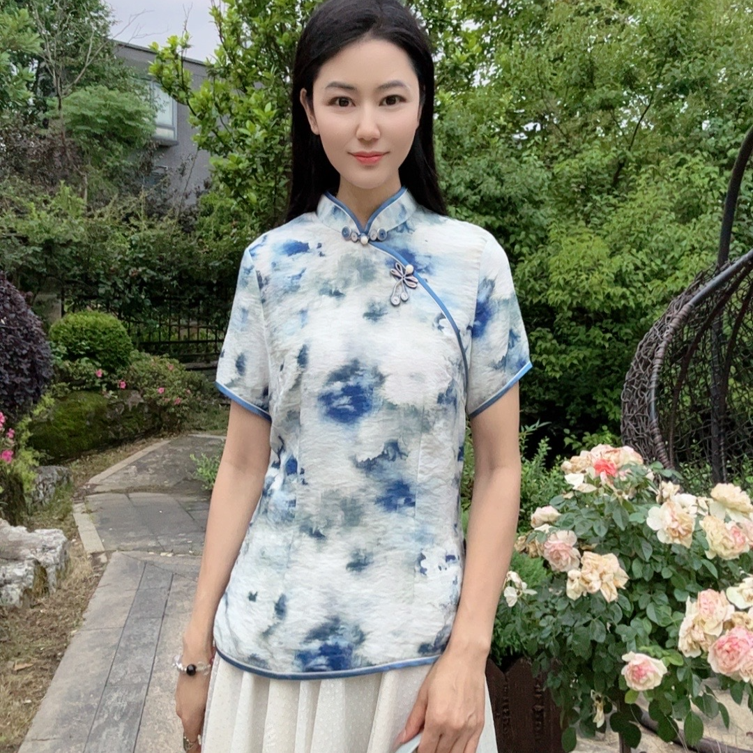 浒城古娘国风夏季立领薄款透气女百搭时尚印花短袖上衣WH0500427