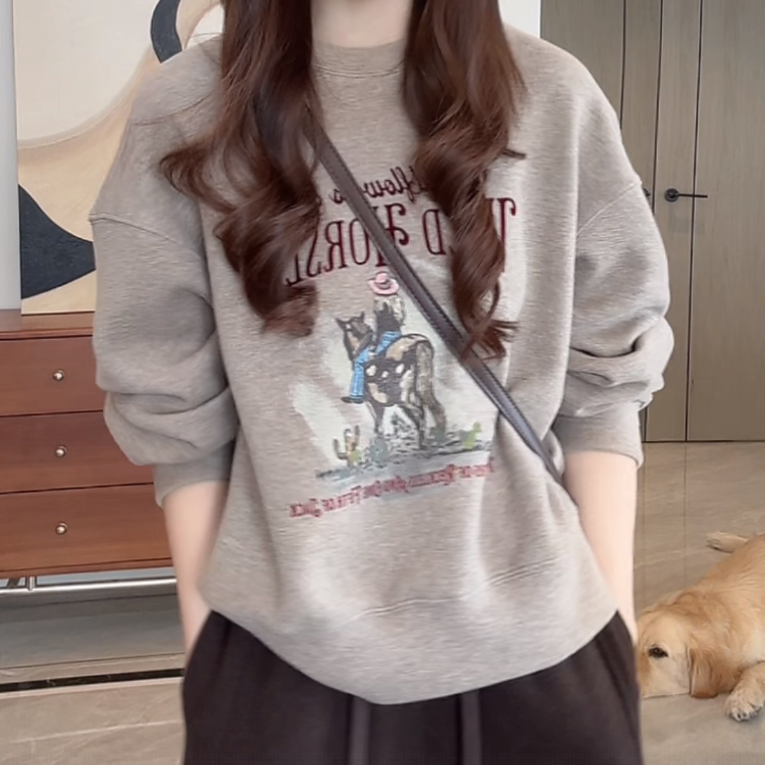 美式复古别致宽松酷潮无帽圆领人物印花字母卫衣2025秋季长袖上衣