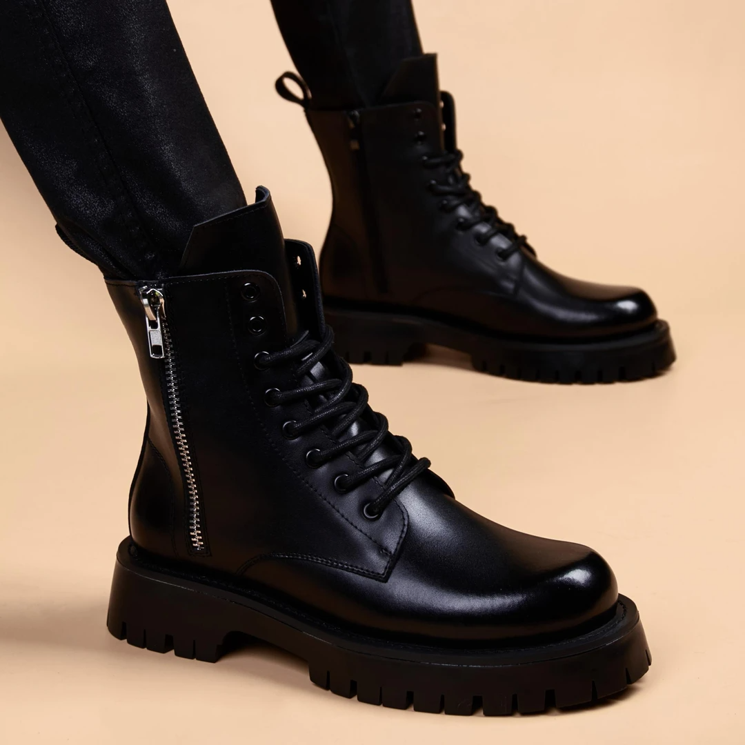 英国『设计师』力荐！英伦风男款内增高皮靴厚底百搭加绒高帮马丁靴