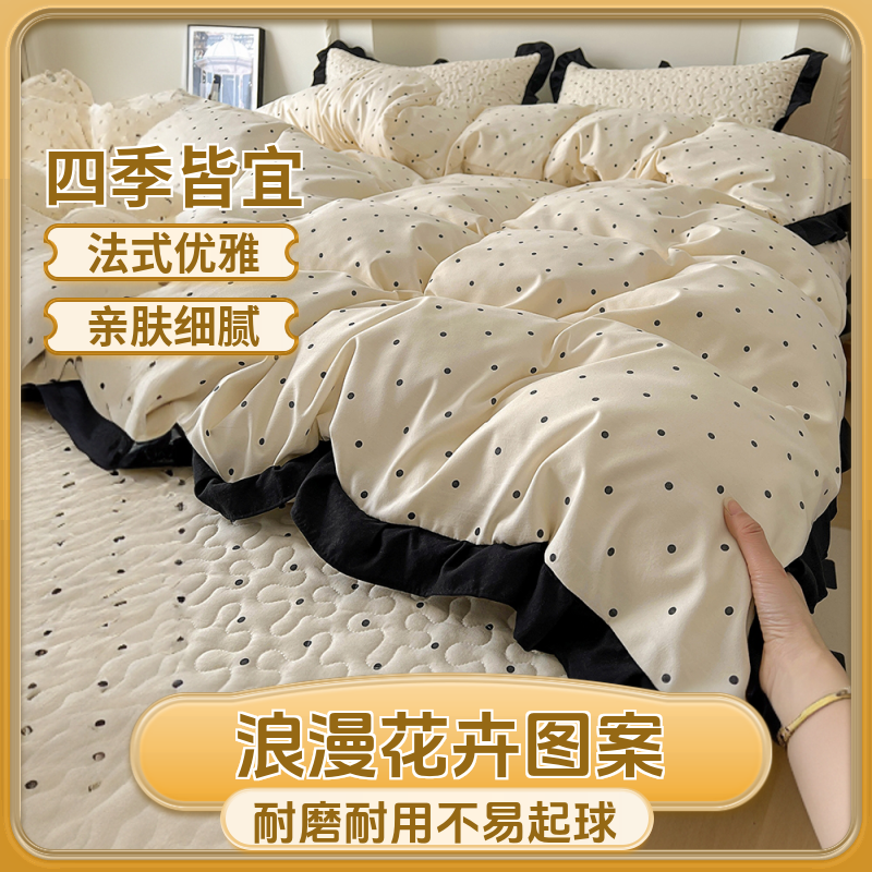 四季单件床垫床单公主风花边被套被罩加厚榻榻米夹棉床盖四件套