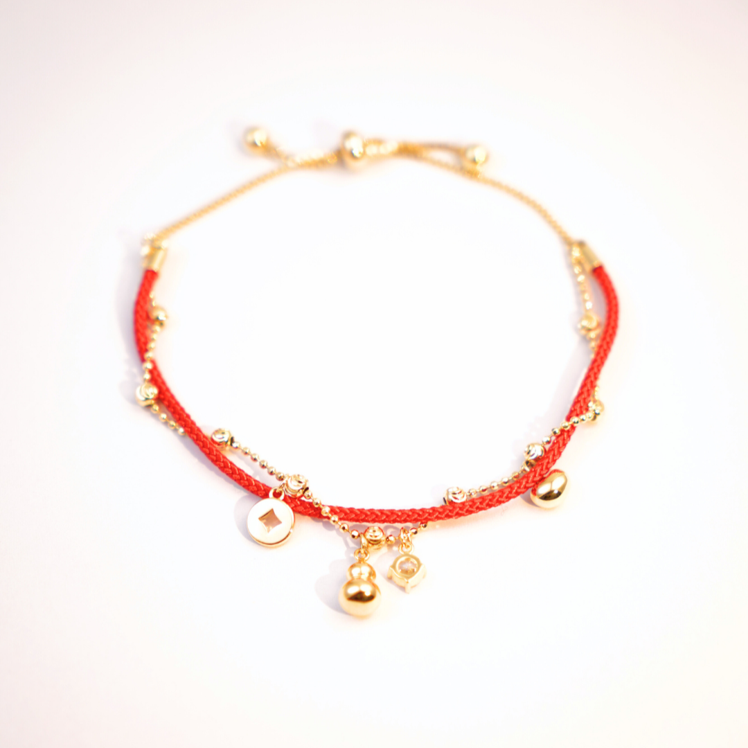 铜合金合成锆石手链 红绳纳福·福禄财吉祥手链饰品红色轻奢小众