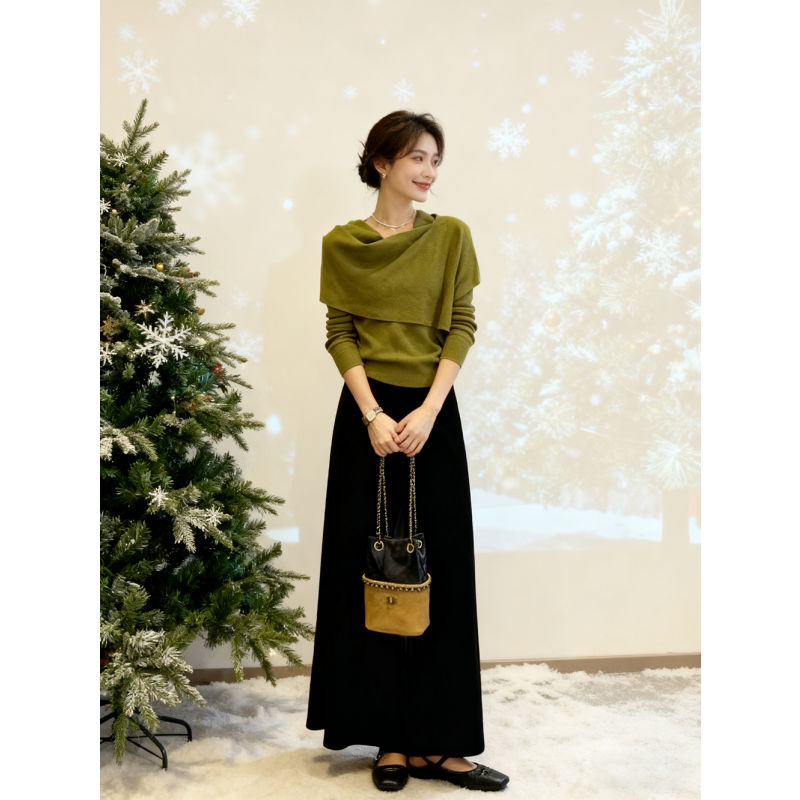 韩系一整套深冬穿搭绿色披肩毛衣女长裙半身裙两件套独特漂亮套装