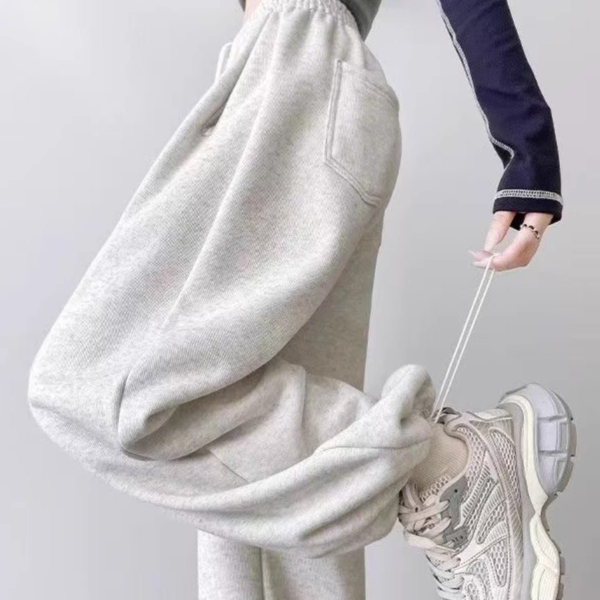 白灰色运动裤女春秋冬季高腰垂感宽松阔腿休闲阔腿小个子束脚卫裤