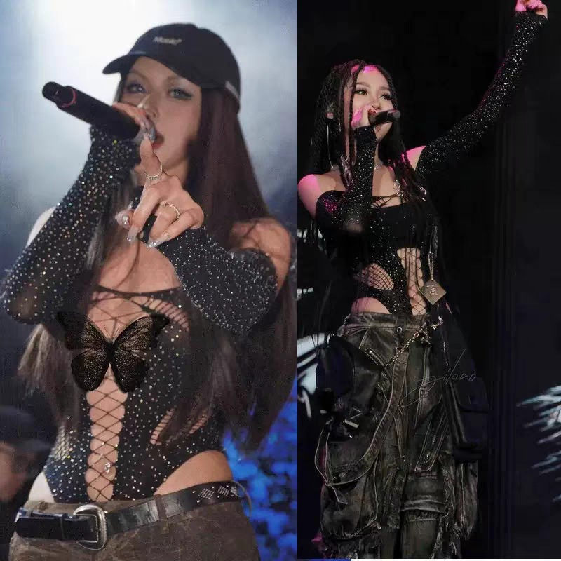 美式辣妹风性感镂空低领露肩一字长袖连体衣夏天街头时髦镶钻修身