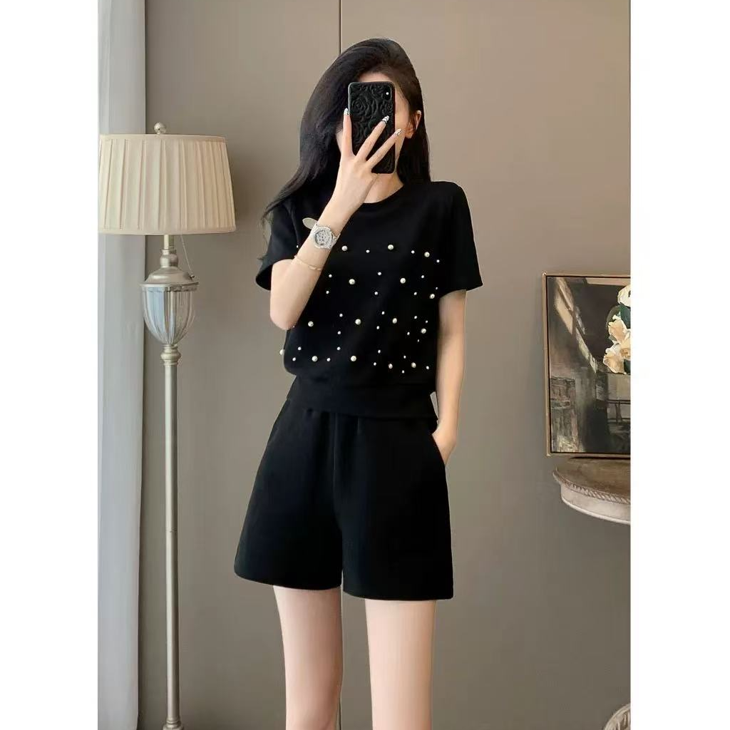 重工钉珠时尚洋气运动套装女夏季新款短袖上衣短裤休闲两件套