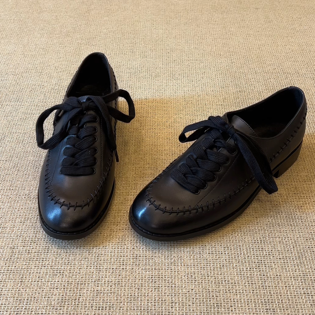 RubyL/2.5cm通勤英伦风设计感缝线系带百搭圆头深口粗跟单鞋女款