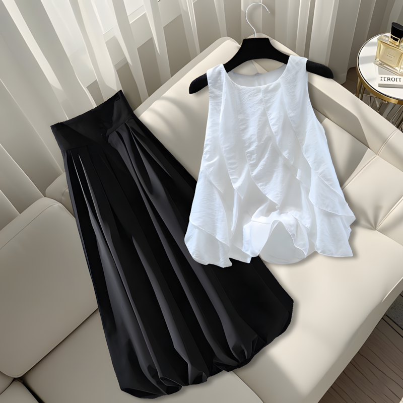 荷叶边拼接圆领套头衬衫2025夏季宽松显瘦上衣黑色百搭半身裙套装