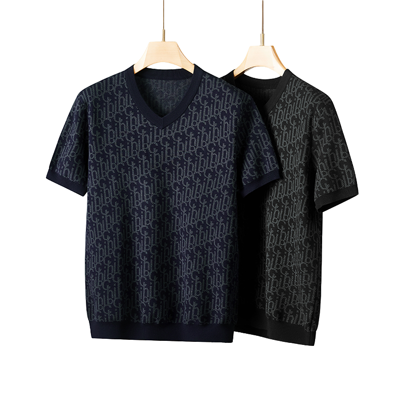 大码男士时尚加肥加大轻奢百搭透气商务休闲男V领短袖针织T恤衫TY