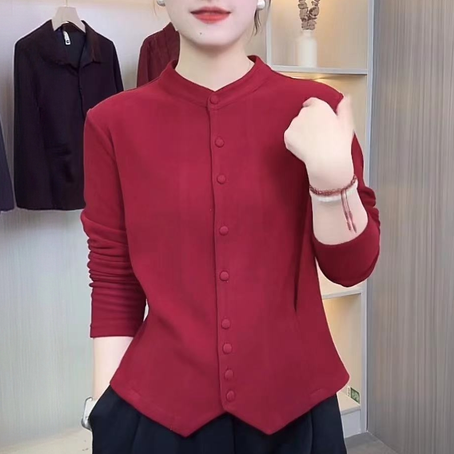 高贵紫色双面绒衬衫女长袖冬季新款时尚保暖纯色显瘦打底衫上衣