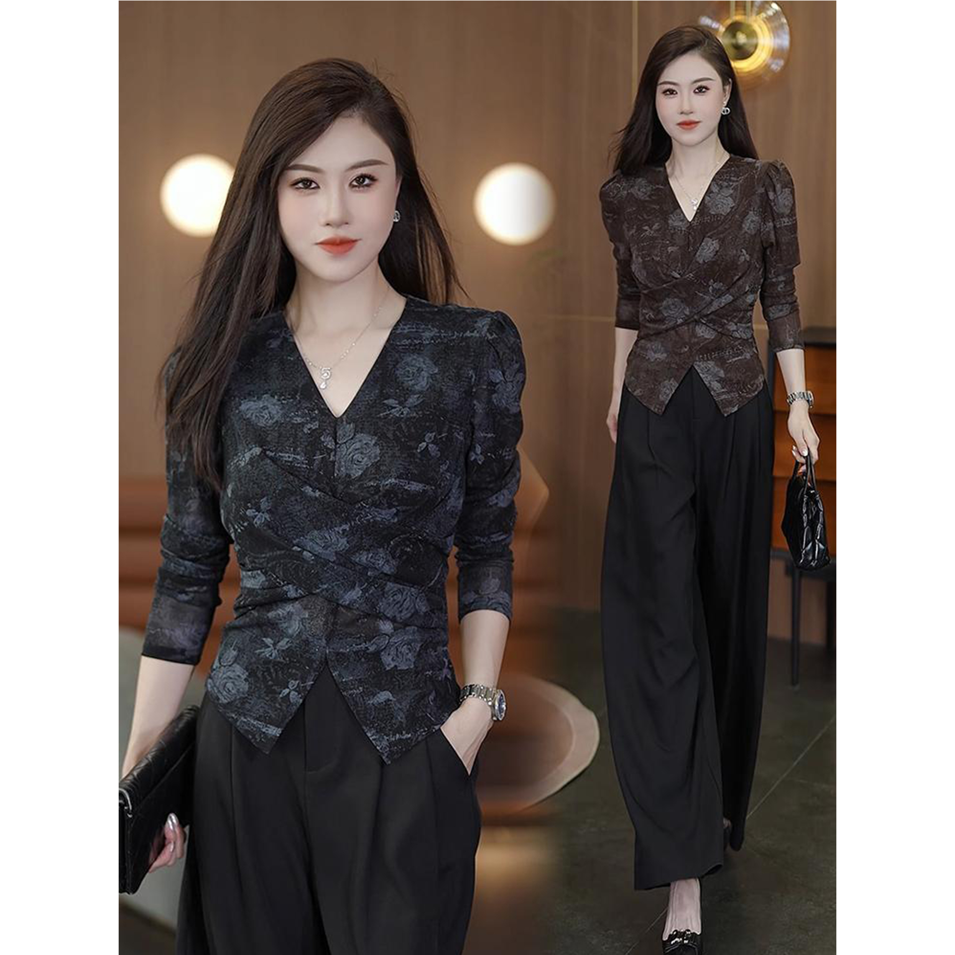 气质V领打底上衣女2025秋装新款修身长袖百搭洋气印花收腰小衫潮