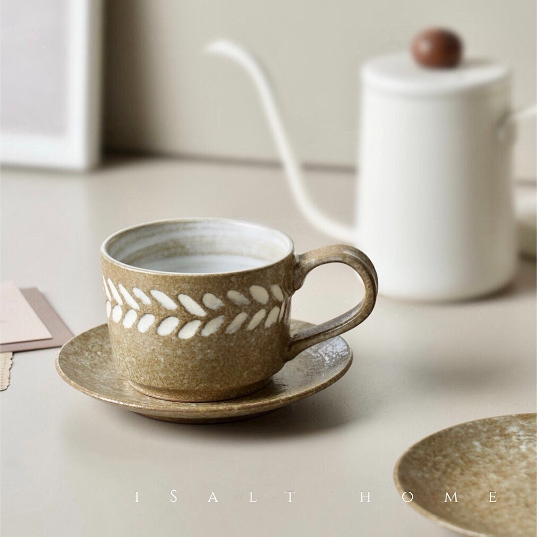 手作粗陶浮雕麦穗咖啡杯碟套装手冲拿铁拉花杯创意复古下午茶杯