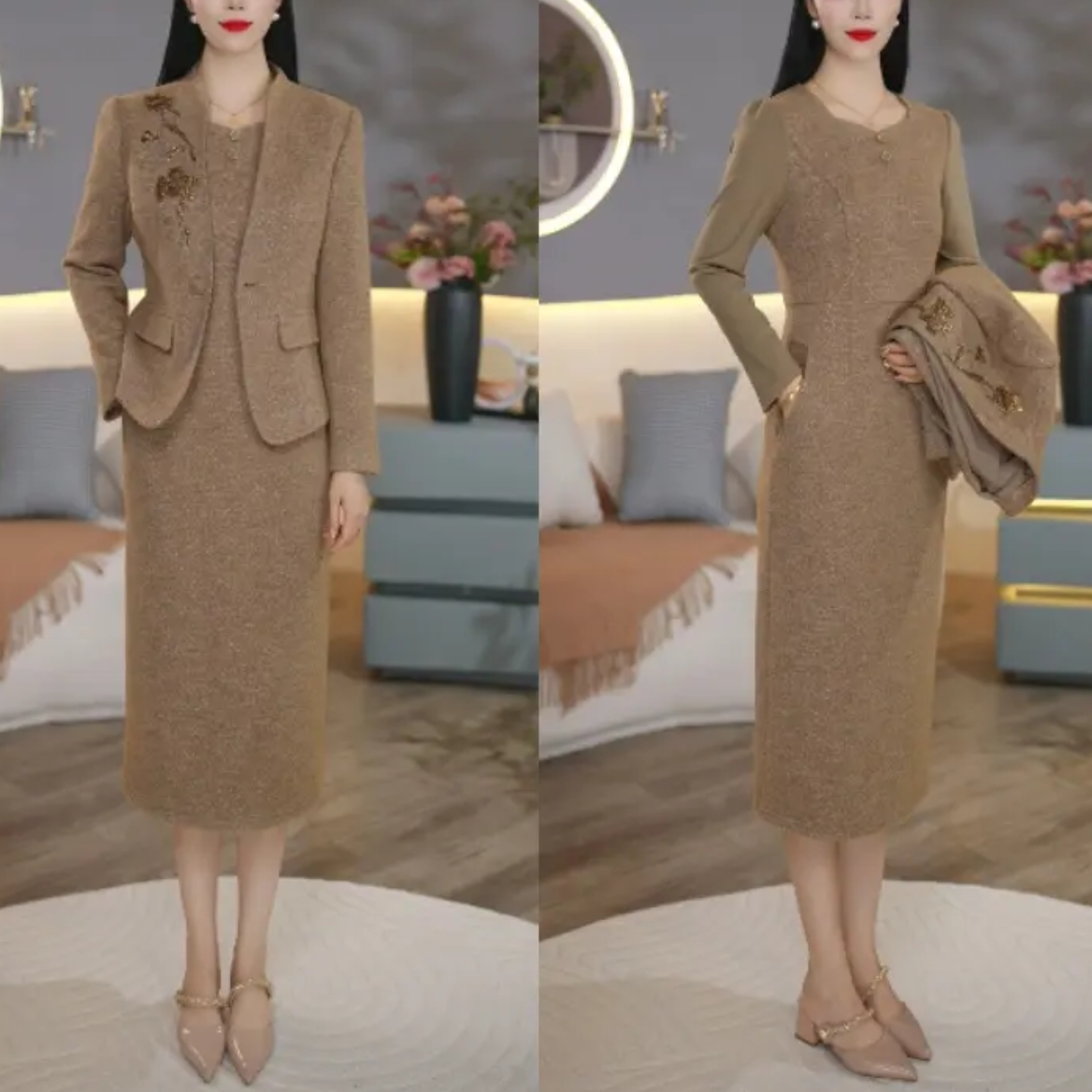 慕诗秋冬新款外套+冬季连衣裙套装加绒时尚精致贵妇两件套6298