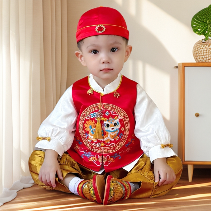 周岁男宝中式抓周礼服儿童汉服麒麟唐装抓周宴婴儿春秋季马甲套装