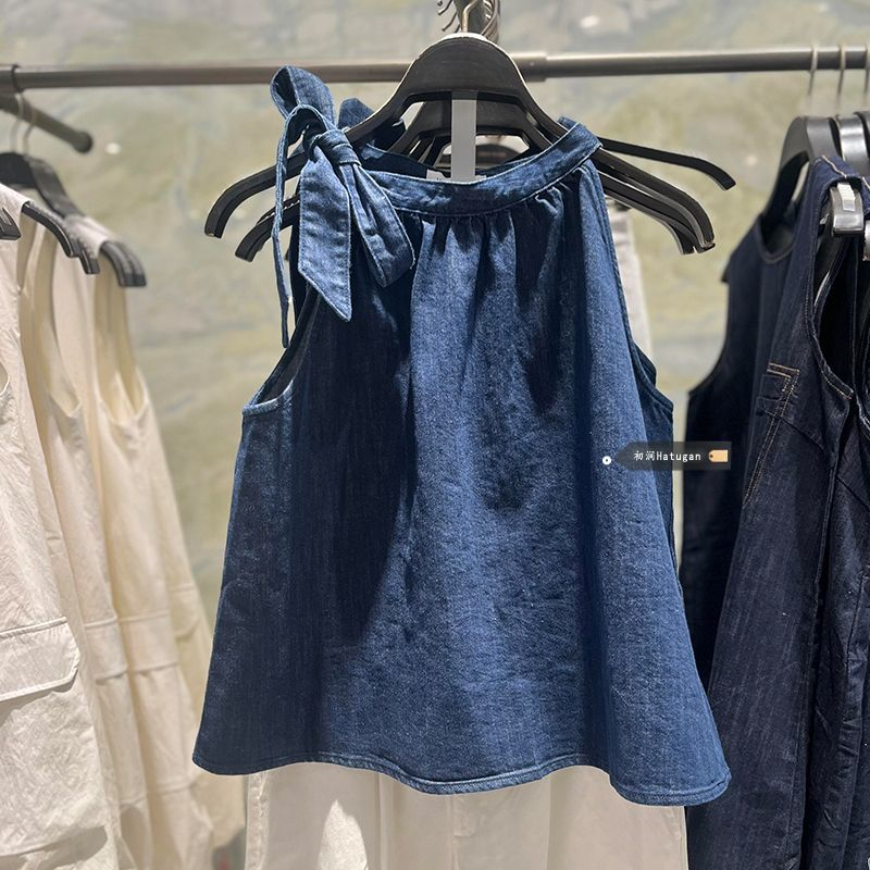 超好看小众设计蝴蝶结复古压褶新款无袖挂脖牛仔背心宽松显瘦上衣