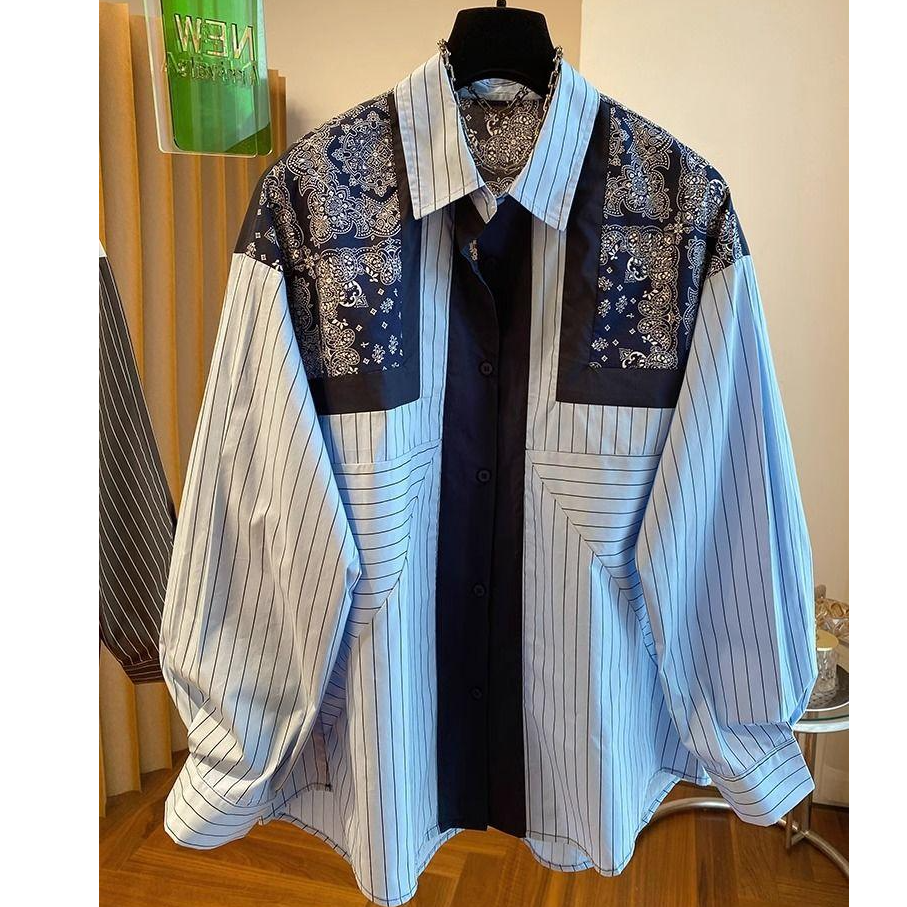 2025新款高级感宽松休闲复古民族风印花蓝色条纹长袖衬衫女春秋装