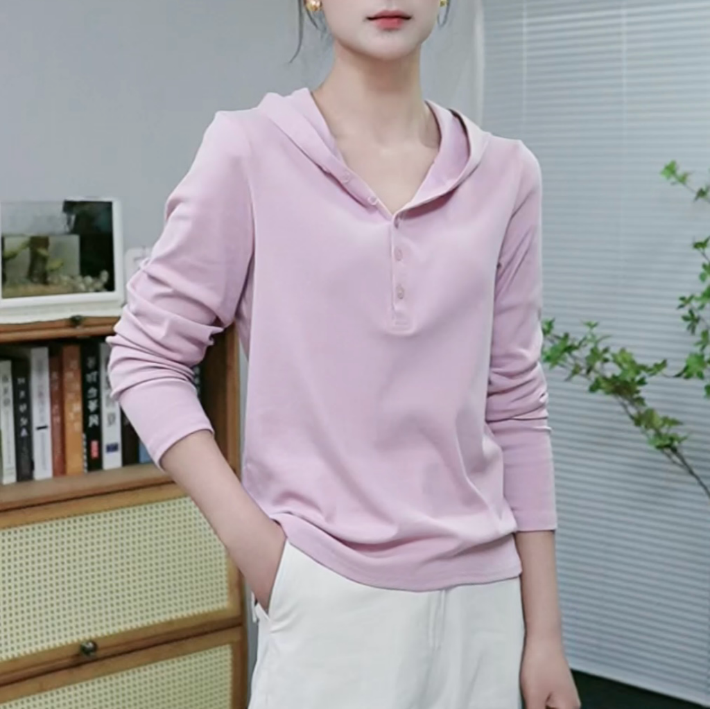 春秋季新款连帽卫衣女宽松显瘦上衣百搭休闲女士纽扣打底长袖T恤