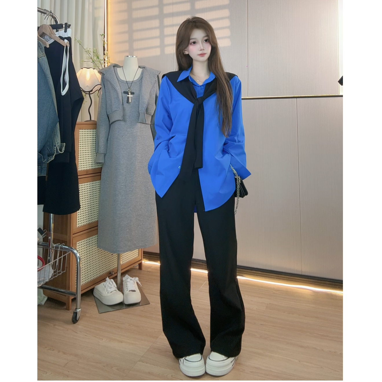 克莱因蓝衬衫上衣+披肩三件套装女阔腿休闲裤显瘦修身秋季新款