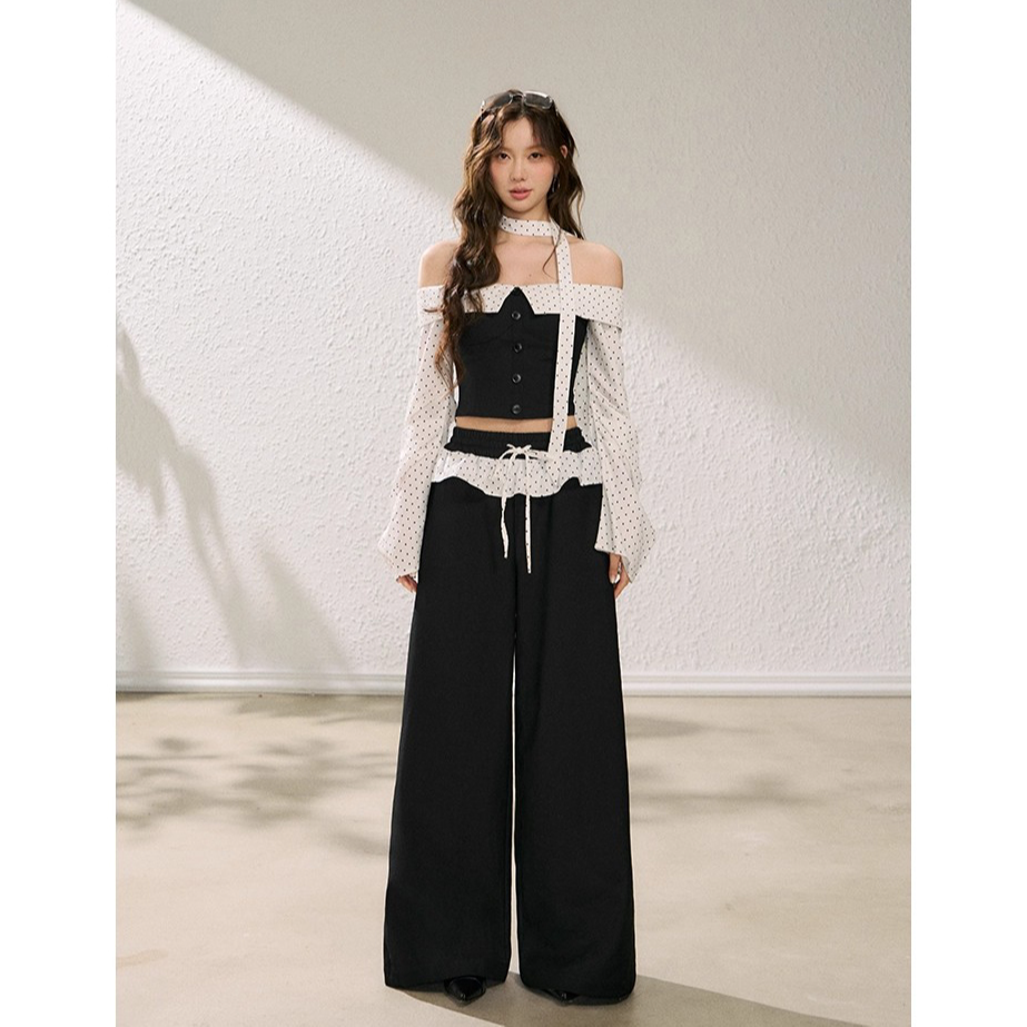 法式波点芭蕾风长袖一字肩抹胸上衣2025秋季辣妹高腰阔腿裤套装女
