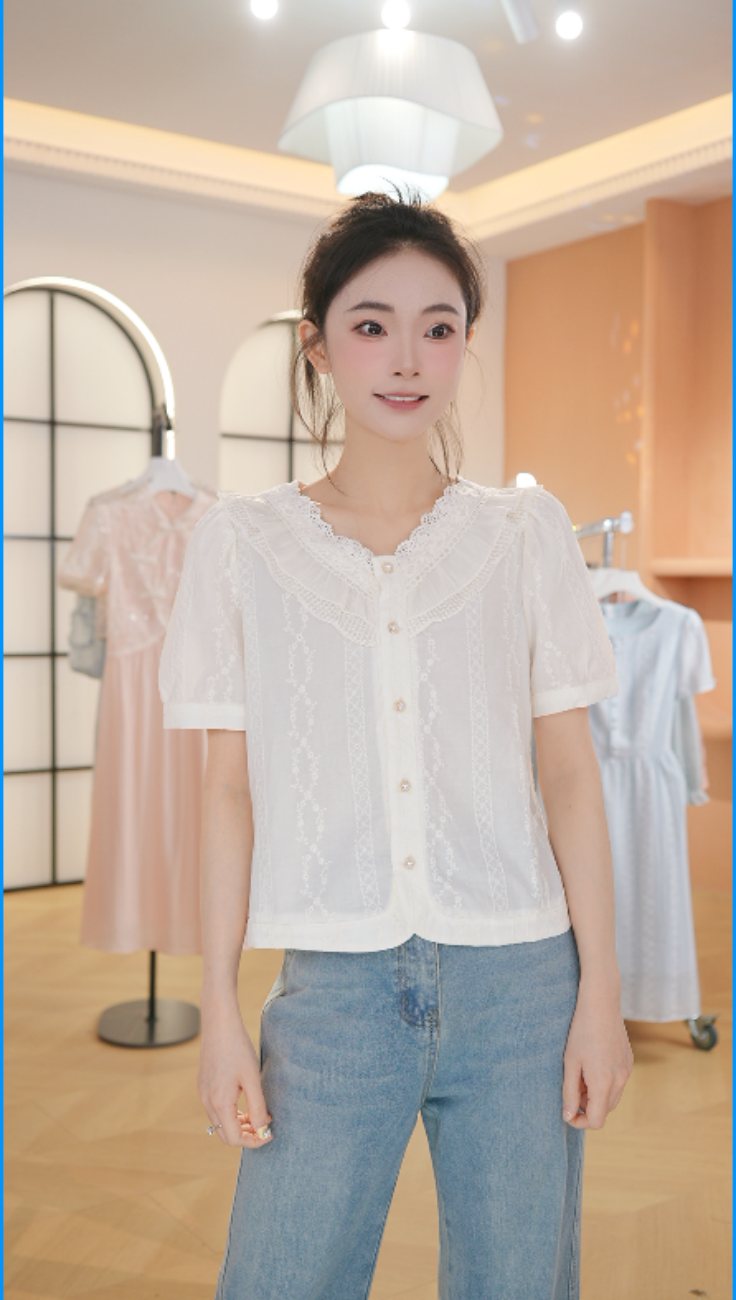 Z8289夏新款女装显瘦时尚气质百搭蕾丝短袖上衣女