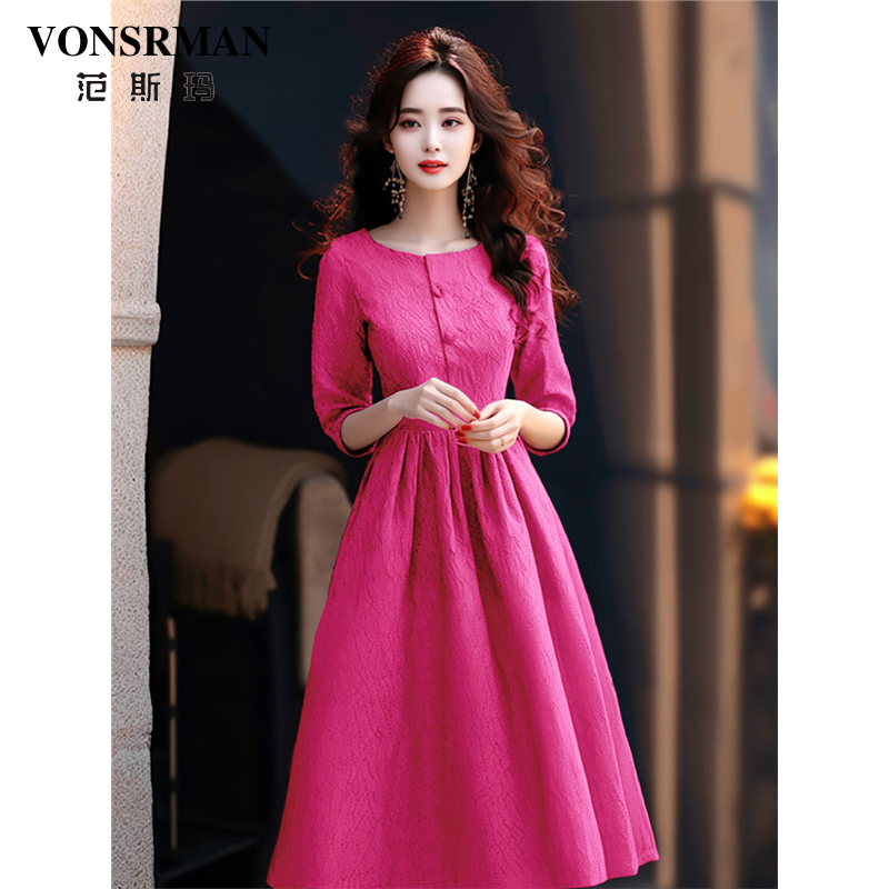 VONSRMAN玫红色连衣裙女夏季2025新款法式减龄a字收腰五分袖长裙