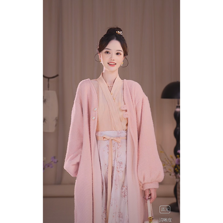 瑶西【圆舞曲】浅粉色宽松毛针织衫加厚款针织灯笼袖冬季立领新中式