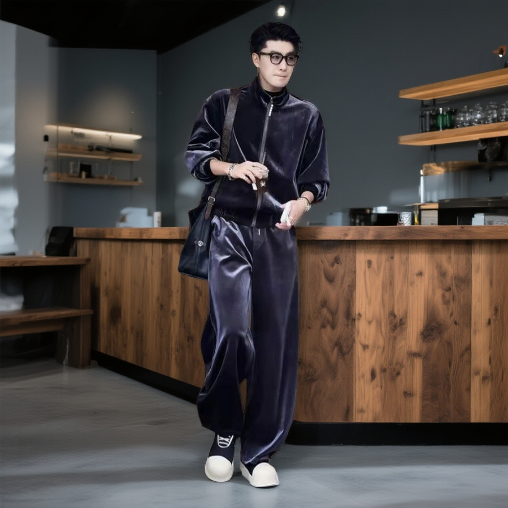 秋季新品复古高级感丝绒立领夹克套装男轻奢简约宽松休闲外套长裤
